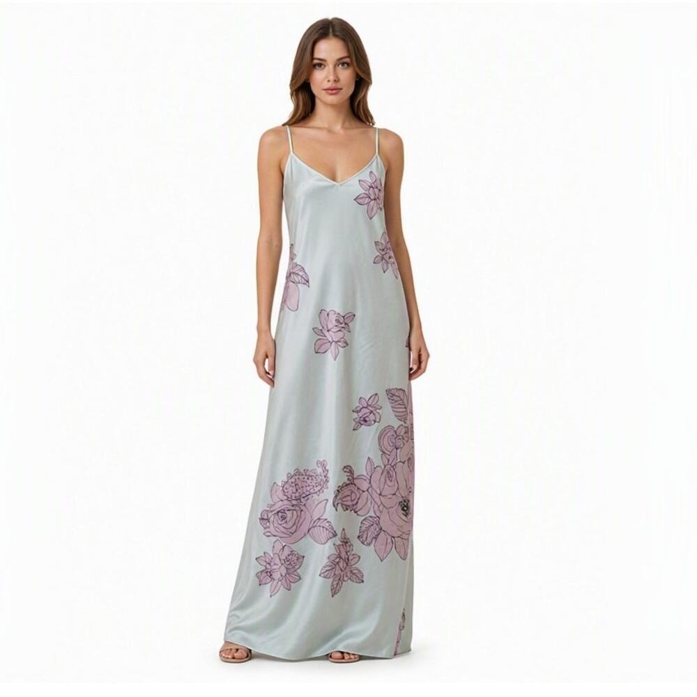 VTG Natori Satin Floral Maxi Slip Dress Hand Drawn Print Chemise Nightgown L 90s